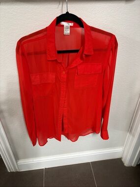 Timing Red Semi-Sheer Button-Down Shirt